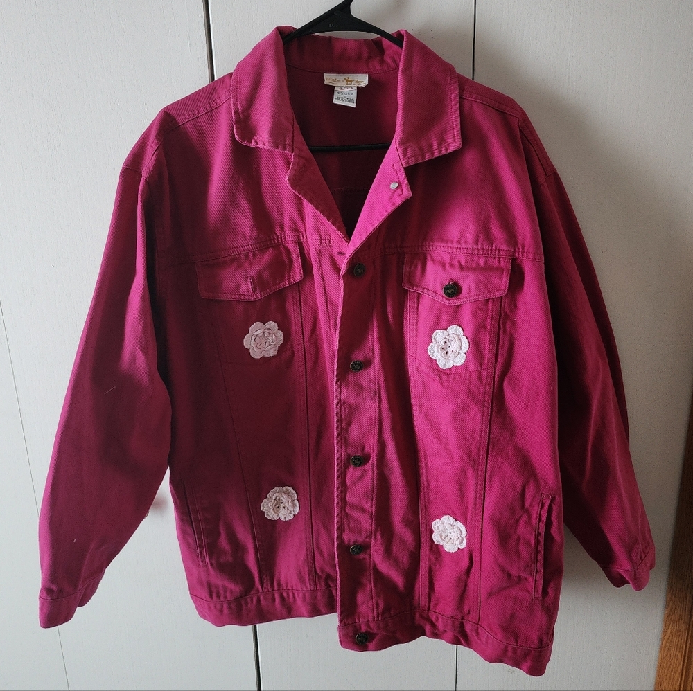 Hunters Run Pink Denim Jacket with Floral Patches